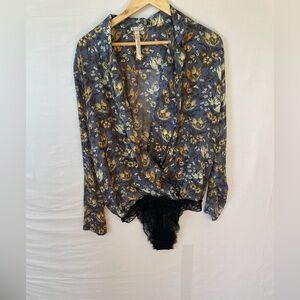 Free People Intimately Elsa Long Body Suit Floral With Lace Bottom Size M